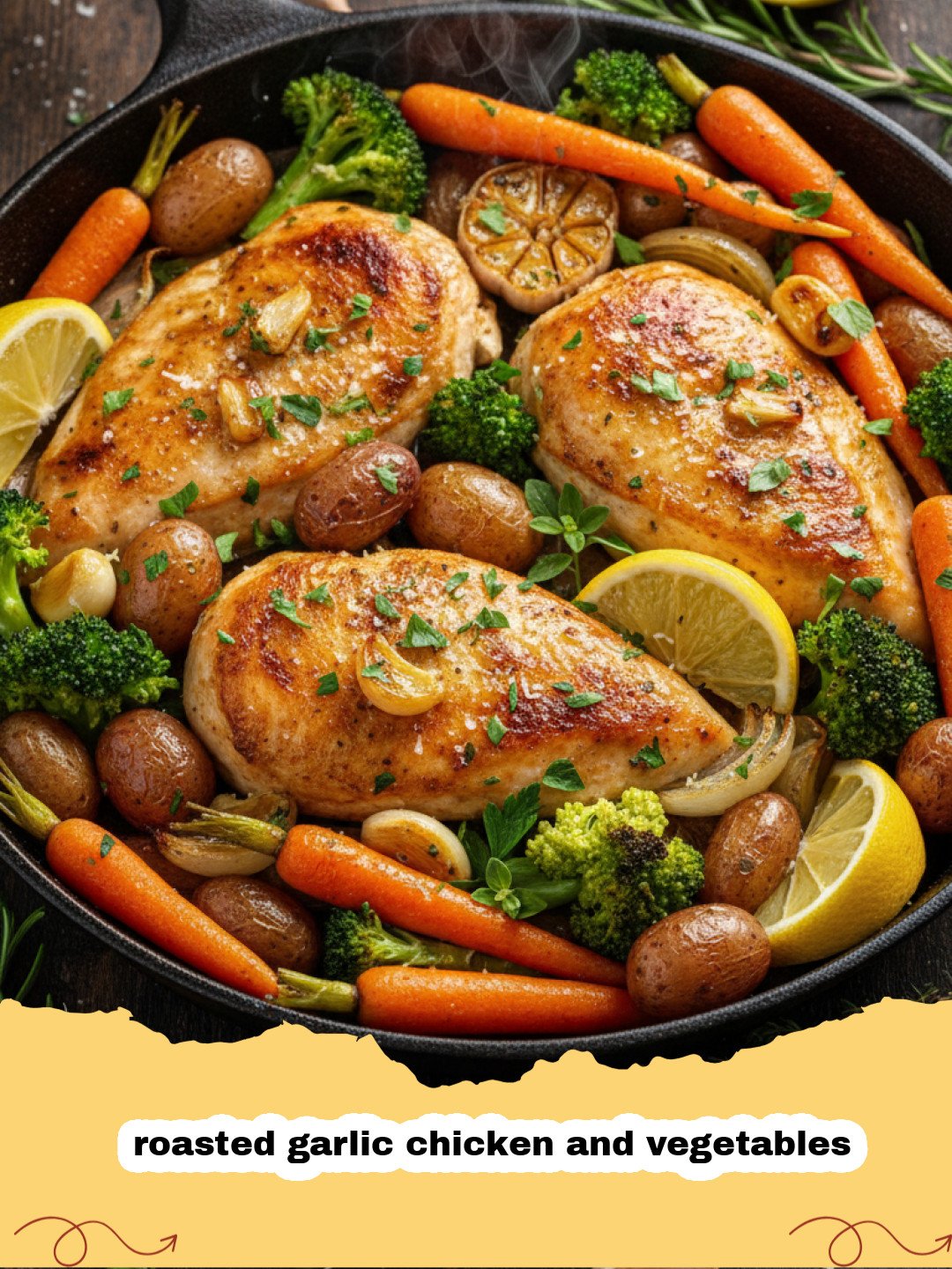 A sheet pan filled with golden roasted garlic chicken and vegetables including potatoes and zucchini.