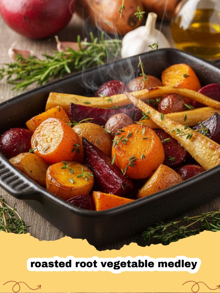 A tray of colorful roasted root vegetable medley including carrots, beets, and parsnips.