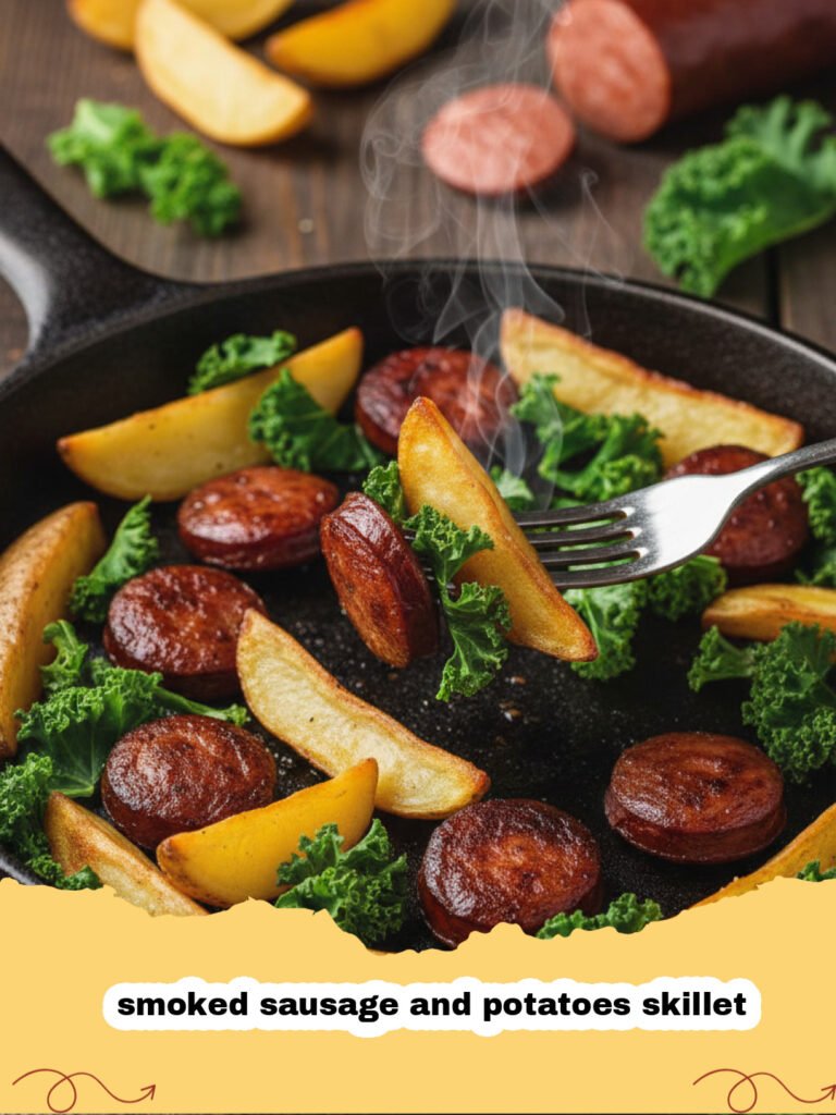 A sizzling smoked sausage and potatoes skillet with bell peppers and onions.