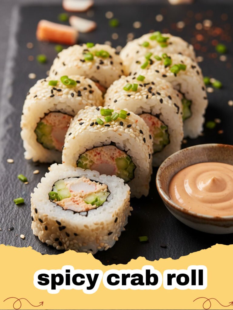 A platter of freshly sliced spicy crab rolls with spicy mayo drizzle and sesame seeds.