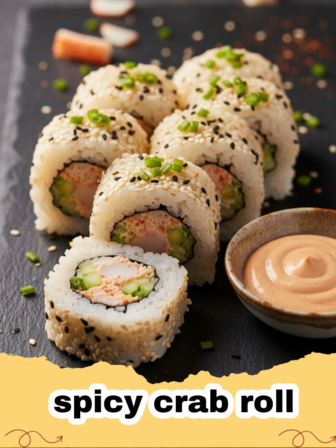A platter of freshly sliced spicy crab rolls with spicy mayo drizzle and sesame seeds.