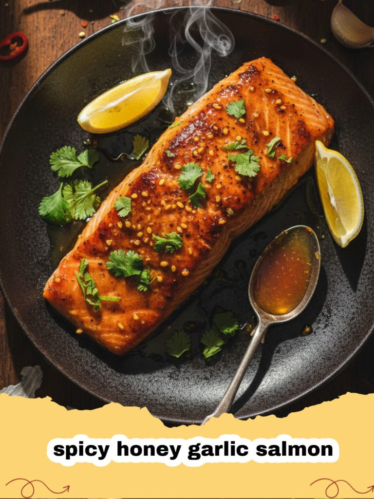 A close-up of seared spicy honey garlic salmon fillets glazed in a shimmering sauce.