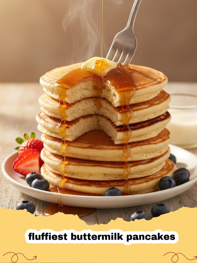 A tall stack of the fluffiest buttermilk pancakes topped with a pat of butter and drizzled with maple syrup.