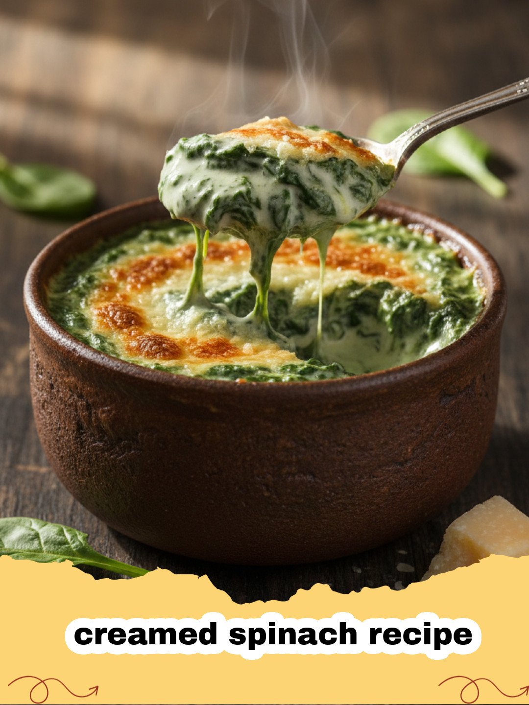 creamed spinach recipe - A bowl of rich and velvety creamed spinach topped with a sprinkle of parmesan cheese.