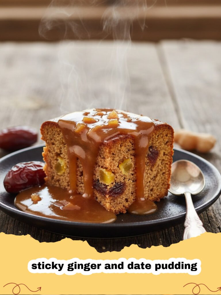 A warm slice of sticky ginger and date pudding topped with thick toffee sauce and a scoop of vanilla ice cream.