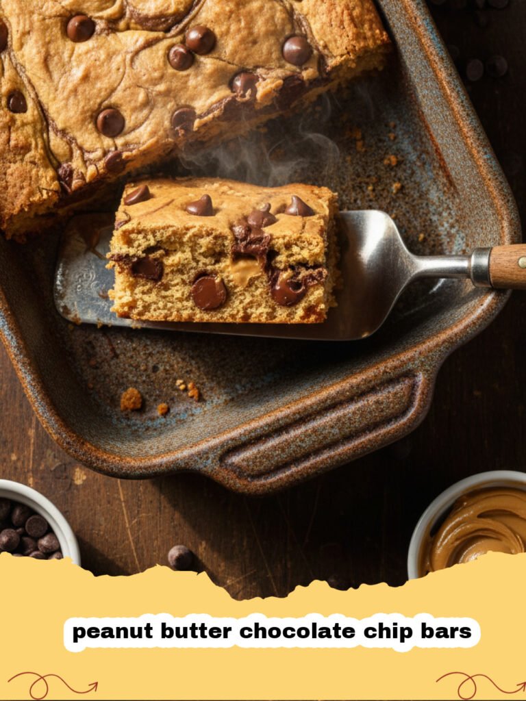 A close-up of thick, chewy peanut butter chocolate chip bars with melting chocolate on a white plate.
