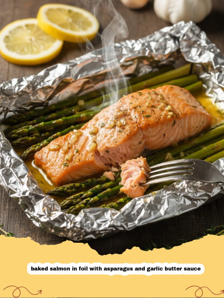 baked salmon in foil with asparagus and garlic butter sauce - Close-up of a baked salmon fillet in foil with green asparagus and lemon slices.
