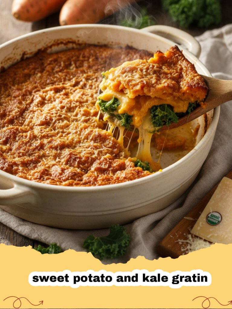 A golden brown sweet potato and kale gratin in a ceramic baking dish.
