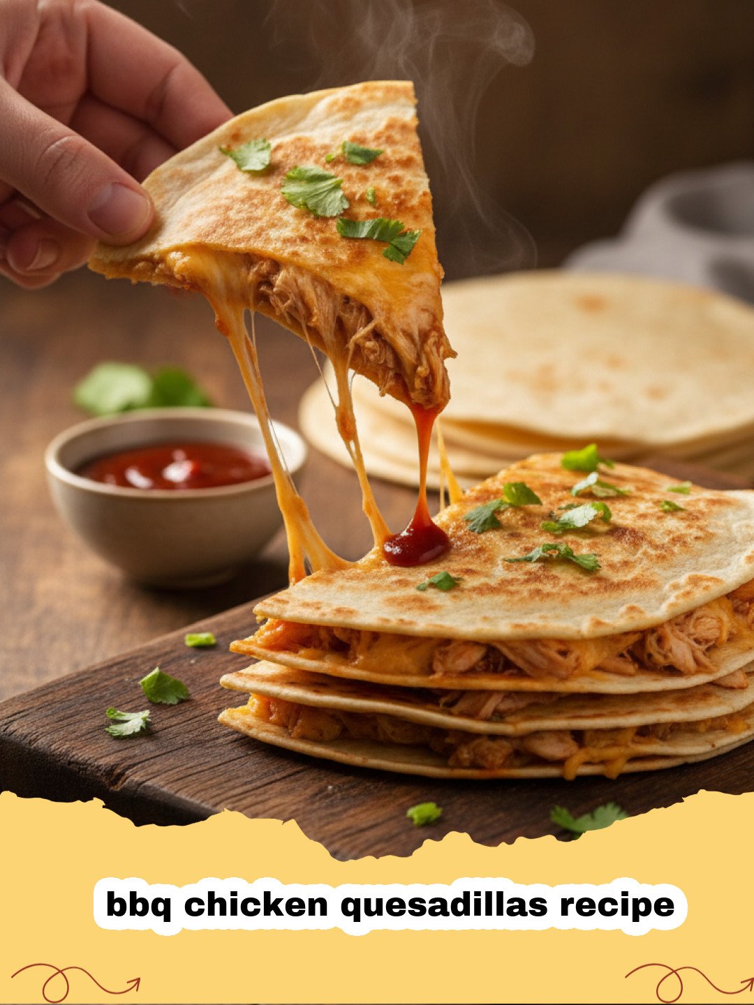 bbq chicken quesadillas recipe - Golden brown BBQ chicken quesadillas sliced into triangles on a wooden board
