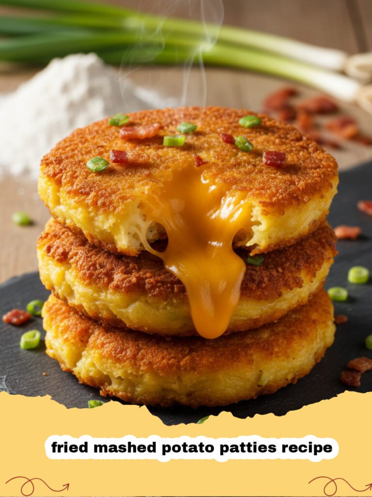 fried mashed potato patties recipe - Golden brown fried mashed potato patties served on a white plate with sour cream