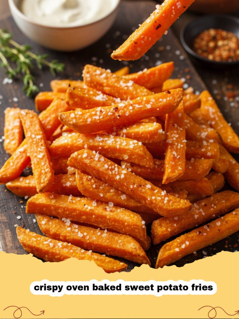 A tray of golden brown crispy oven baked sweet potato fries served with a side of dipping sauce.