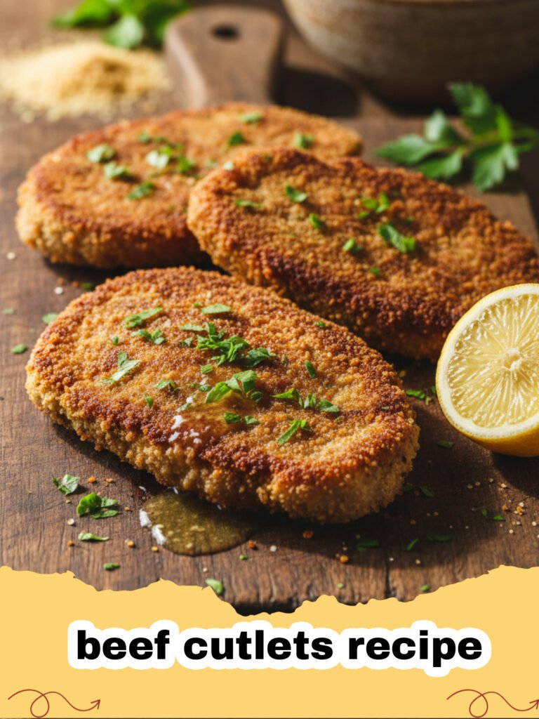 beef cutlets recipe - Golden brown crispy beef cutlets served on a white plate with lemon wedges