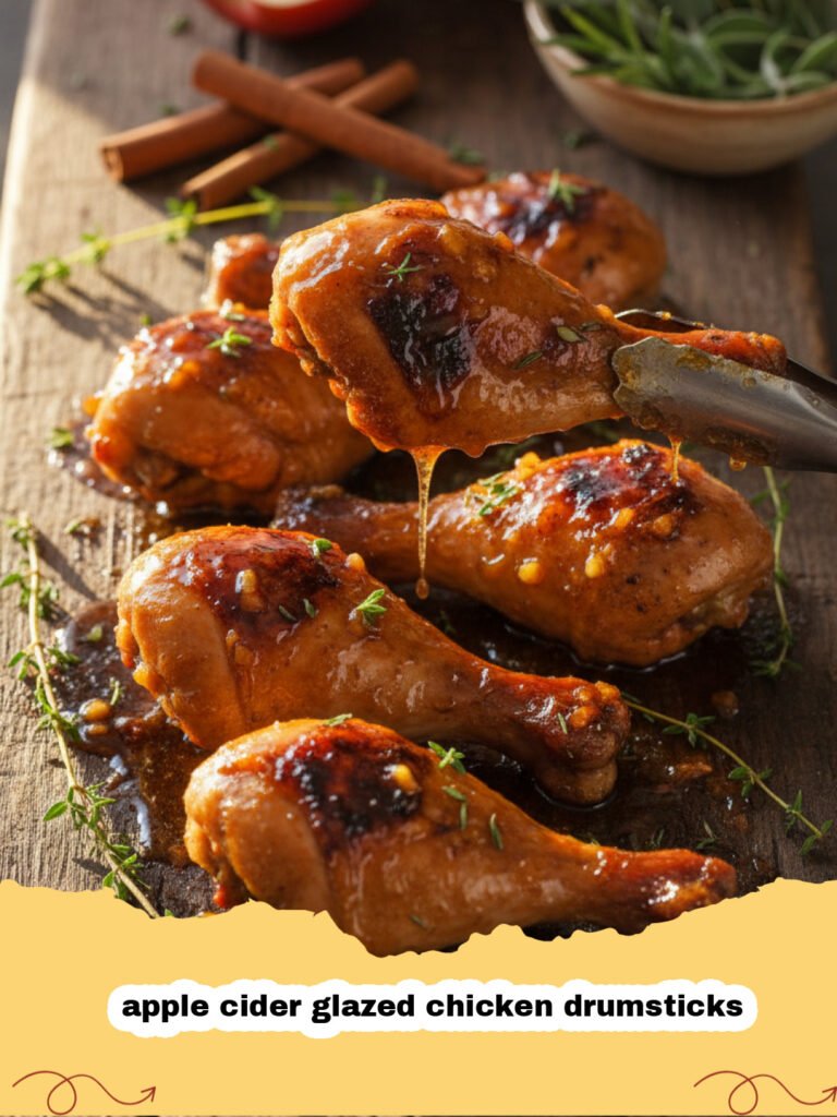 Sticky and golden apple cider glazed chicken drumsticks on a baking sheet garnished with rosemary