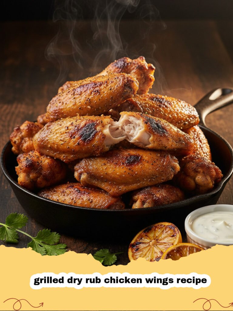 grilled dry rub chicken wings recipe - A platter of crispy grilled dry rub chicken wings garnished with fresh parsley