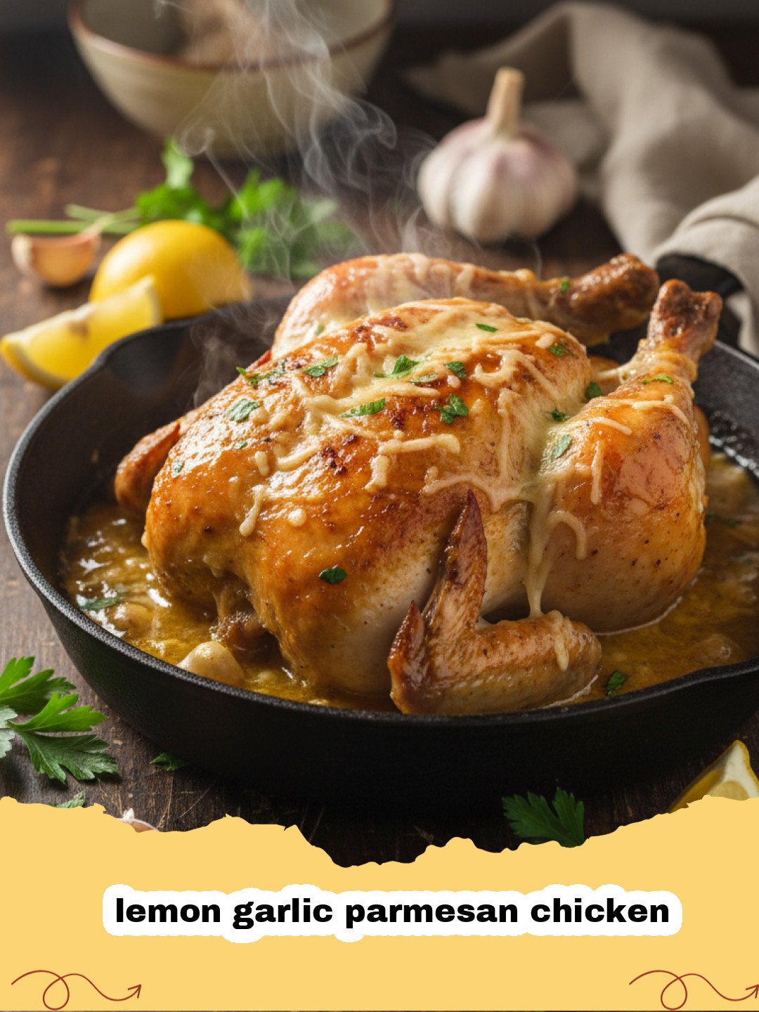Golden brown lemon garlic parmesan chicken in a skillet with lemon slices and parsley garnish