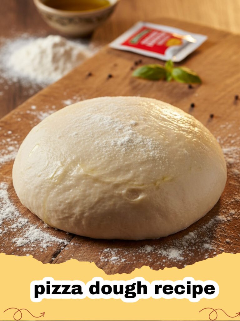 pizza dough recipe - Freshly kneaded pizza dough on a floured wooden board