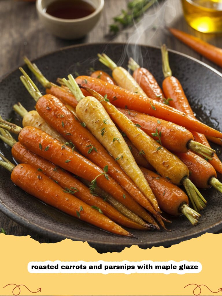 A tray of roasted carrots and parsnips with maple glaze, garnished with fresh parsley.