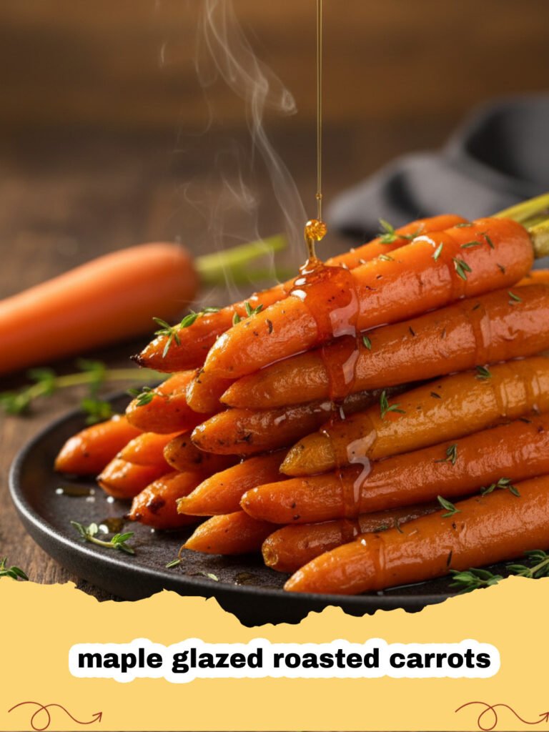 A tray of vibrant maple glazed roasted carrots garnished with fresh herbs