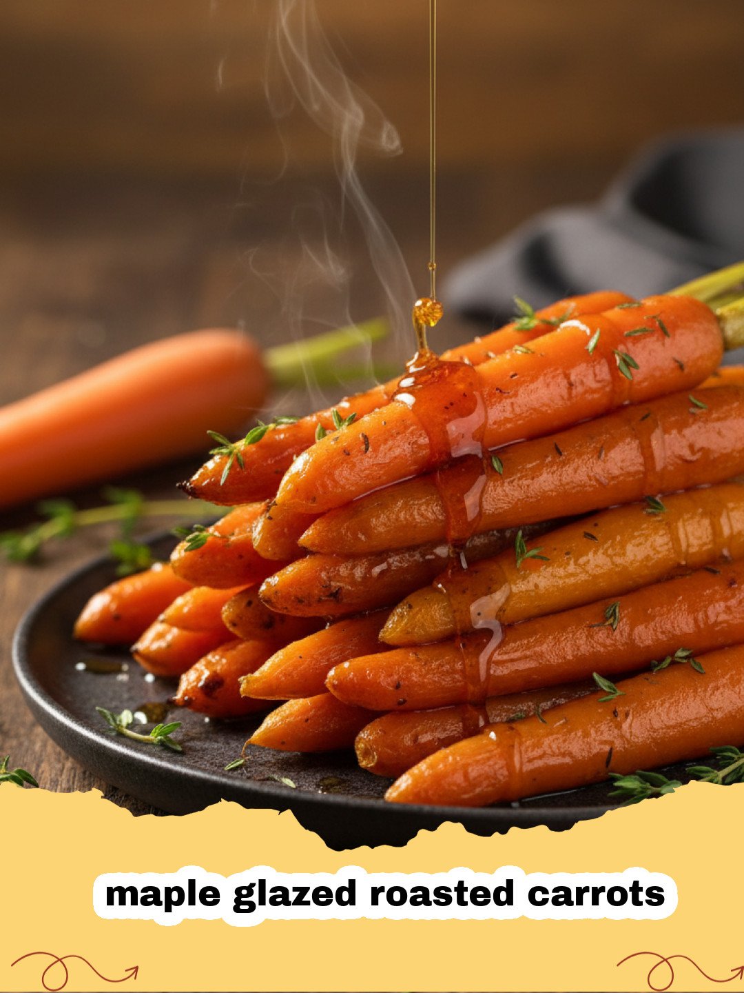 A tray of vibrant maple glazed roasted carrots garnished with fresh herbs