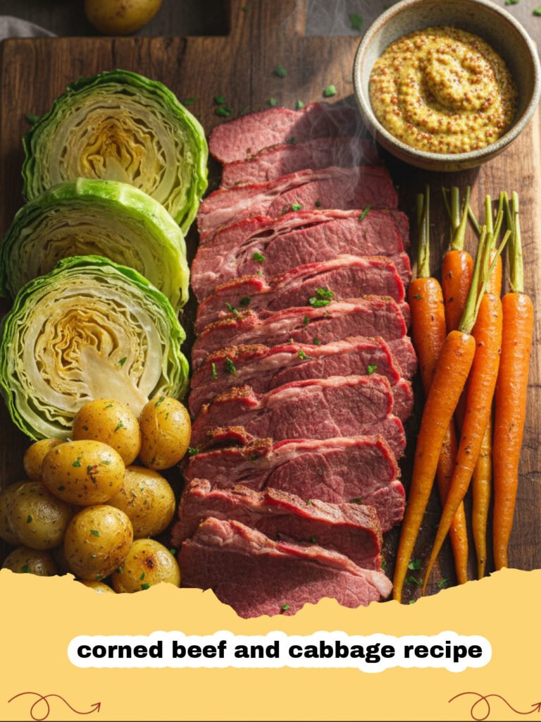 corned beef and cabbage recipe - Tender sliced corned beef with cabbage, carrots, and potatoes on a platter.