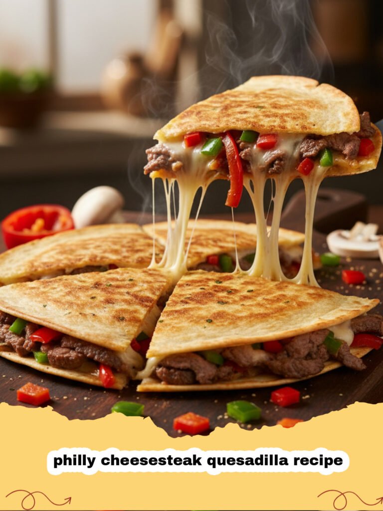philly cheesesteak quesadilla recipe - Philly cheesesteak quesadilla sliced on a wooden board with melted cheese oozing out.