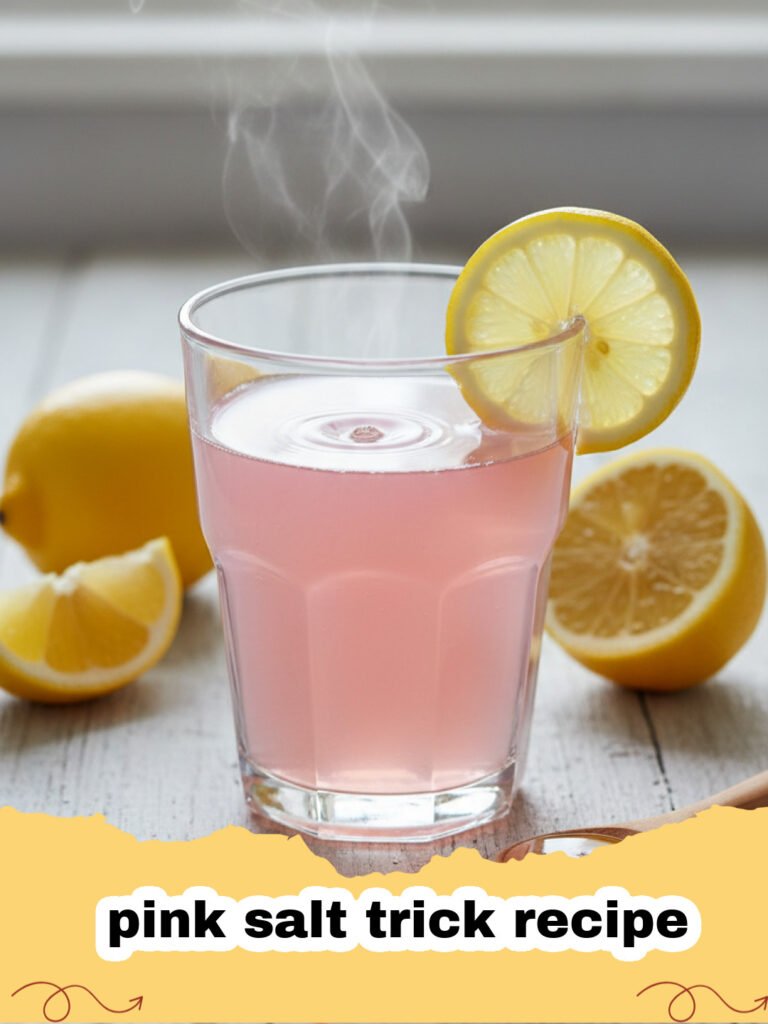 pink salt trick recipe - A glass of lemon water with pink Himalayan salt on a wooden table.