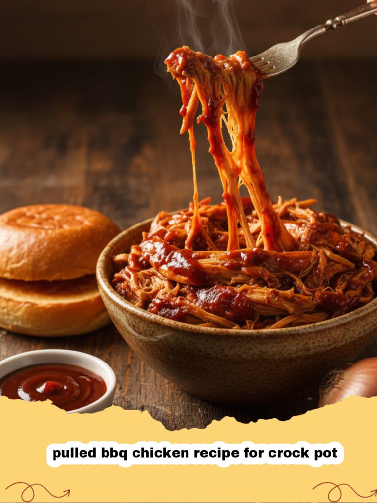 pulled bbq chicken recipe for crock pot - Close up of shredded BBQ chicken in a slow cooker with a serving spoon.