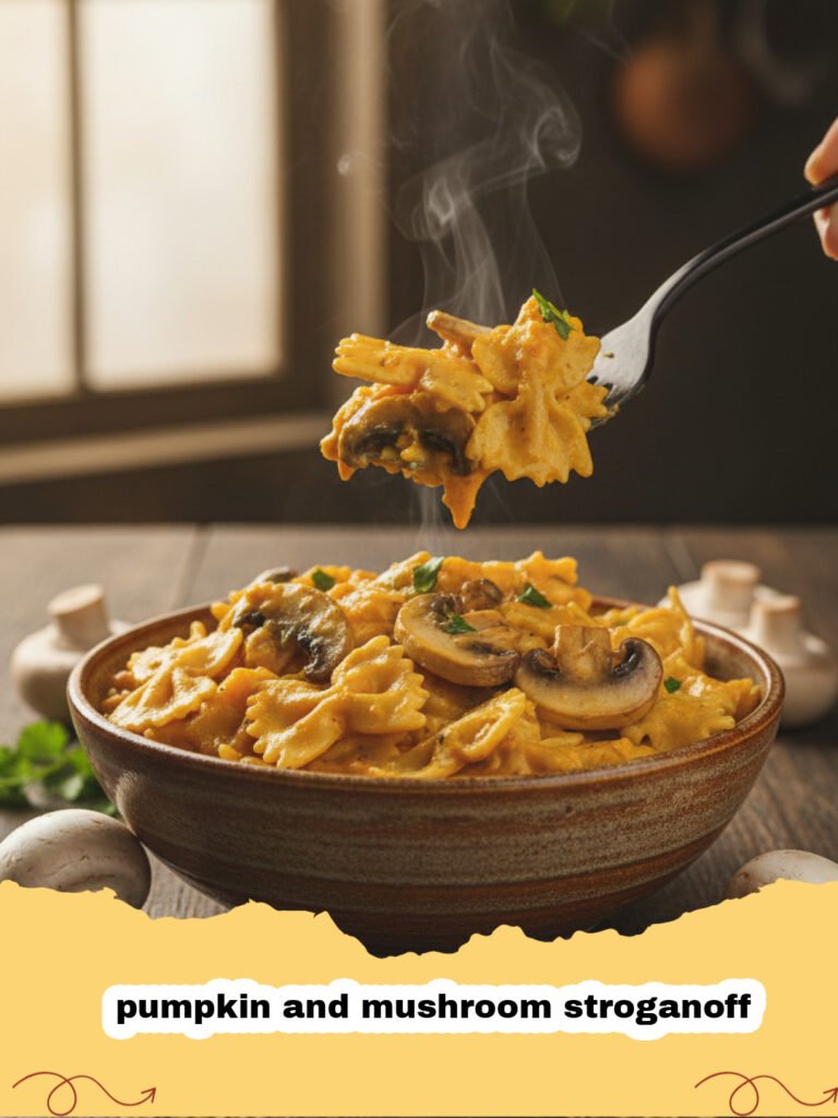 A plate of creamy pumpkin and mushroom stroganoff over egg noodles with parsley garnish