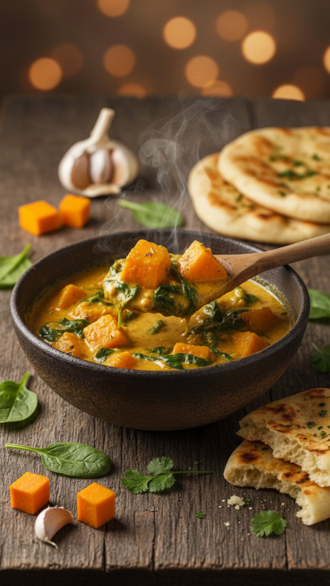 Pumpkin and Spinach Curry with Garlic Naan Preparation