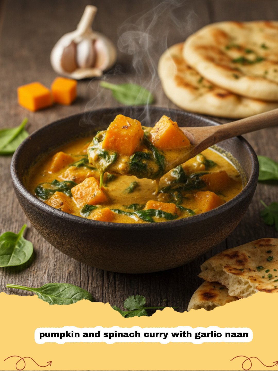 pumpkin and spinach curry with garlic naan - A steaming bowl of pumpkin and spinach curry served with charred garlic naan on the side