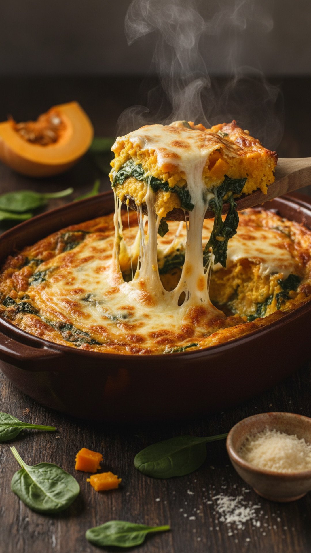 Pumpkin and Spinach Polenta Casserole Preparation