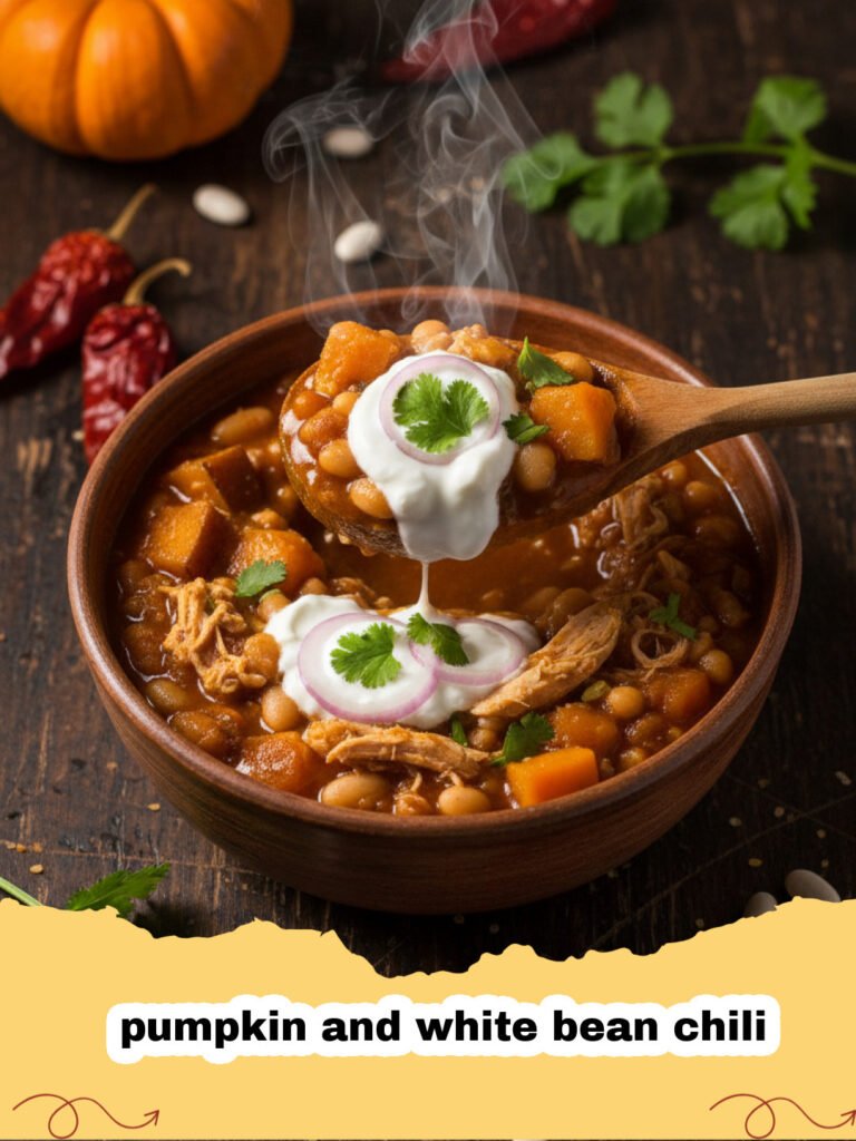 A steaming bowl of pumpkin and white bean chili topped with cilantro and avocado.