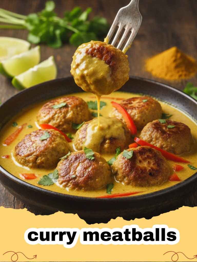 A bowl of creamy red curry meatballs served over jasmine rice with cilantro garnish