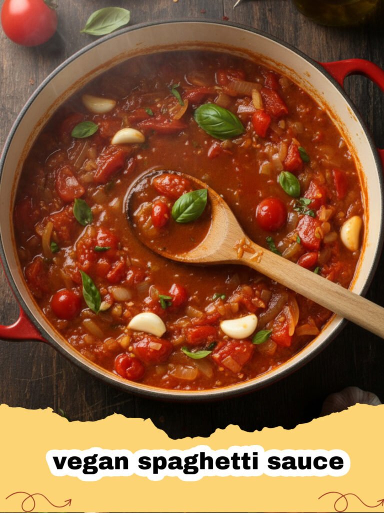 A close up of hearty vegan spaghetti sauce over pasta