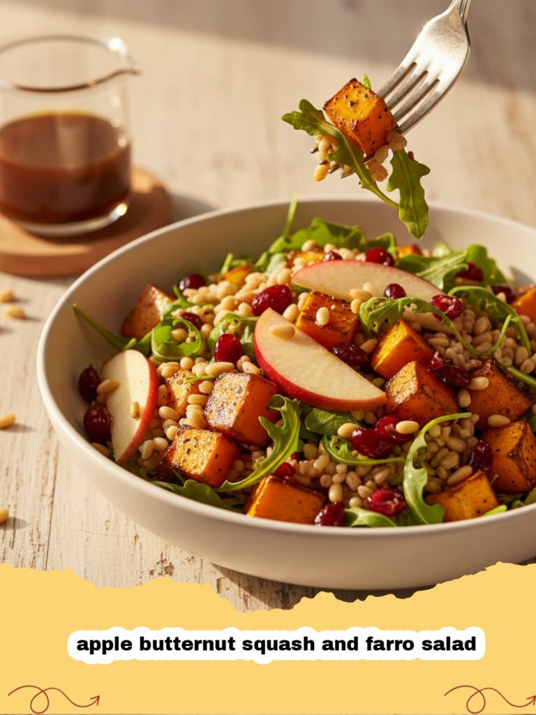 A vibrant bowl of apple butternut squash and farro salad with pecans and greens.