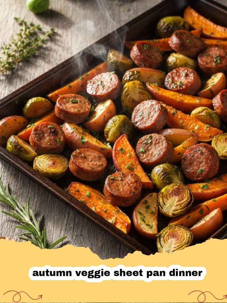 A colorful autumn veggie sheet pan dinner with roasted squash, sprouts, and chickpeas on a baking tray.