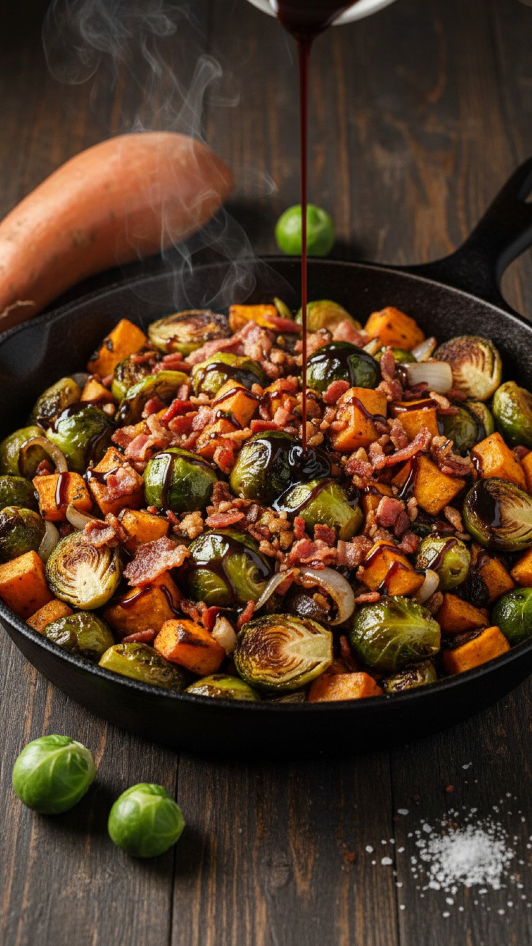 Roasted Brussels Sprouts and Sweet Potato Hash Preparation