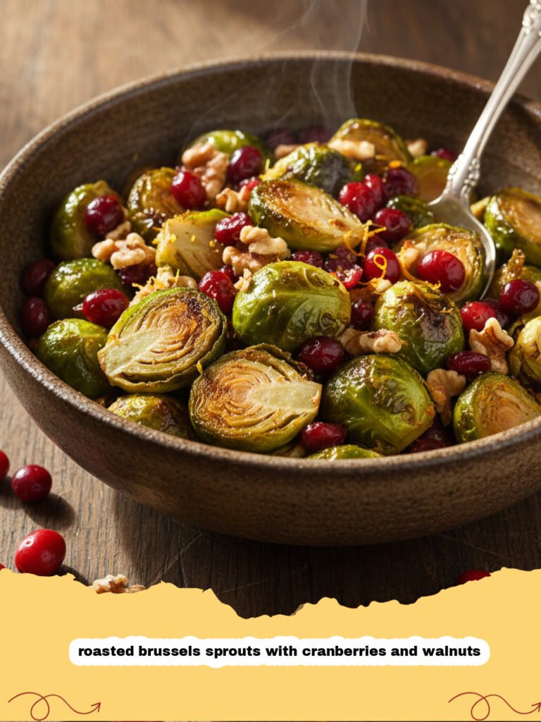 A close-up view of roasted brussels sprouts with cranberries and walnuts on a white serving platter.