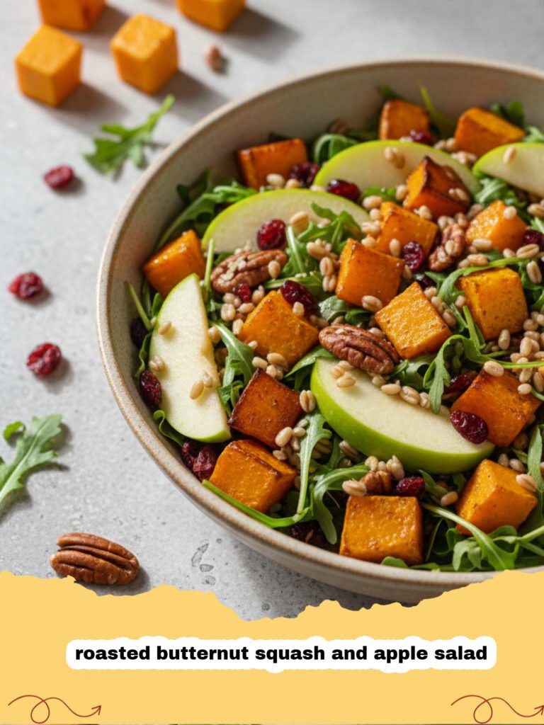 A beautiful bowl of roasted butternut squash and apple salad with pecans and goat cheese