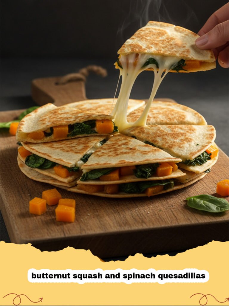 Golden brown butternut squash and spinach quesadillas sliced into triangles on a wooden board.