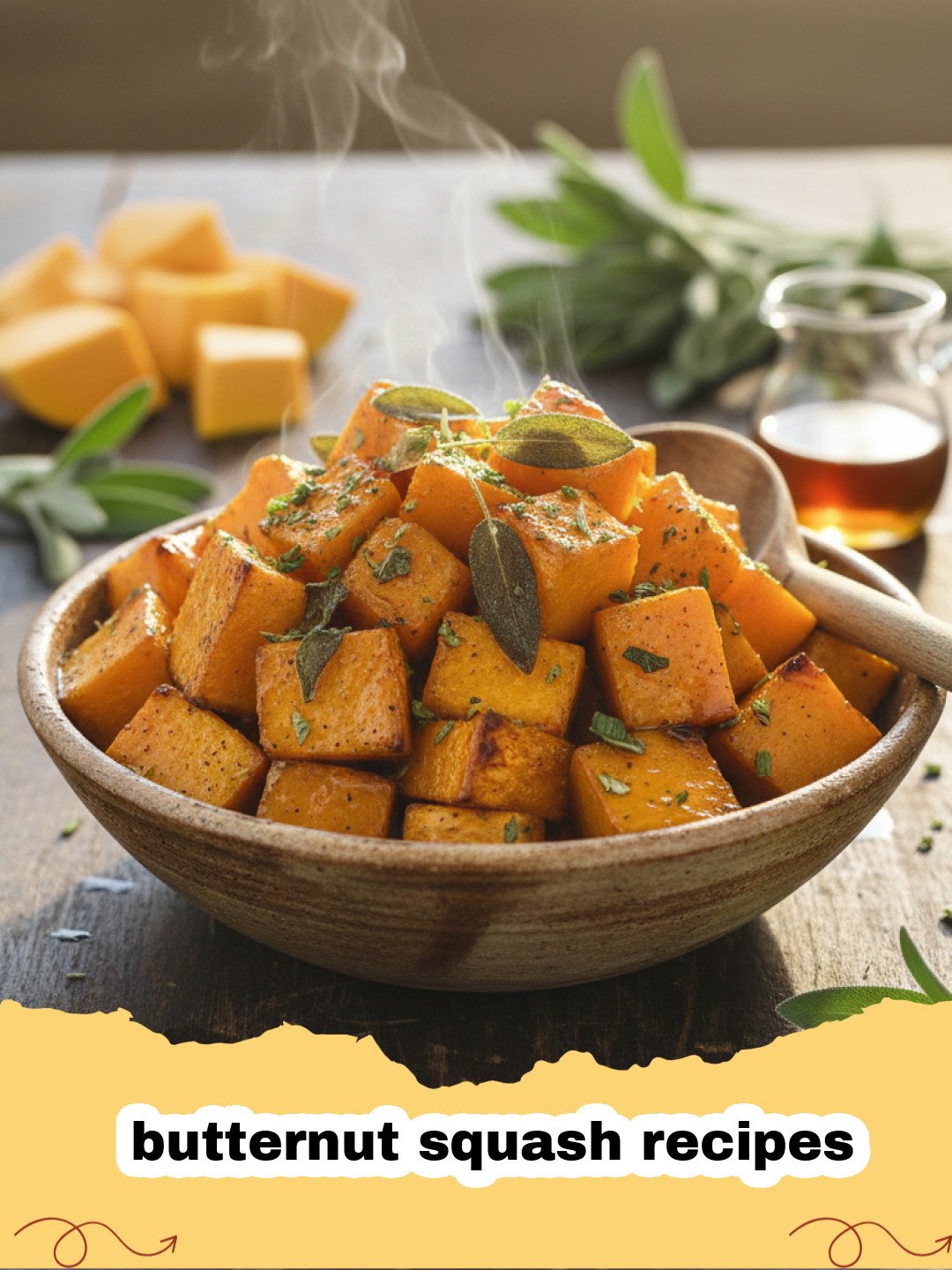 butternut squash recipes - A bowl of creamy orange butternut squash soup garnished with sage and seeds.