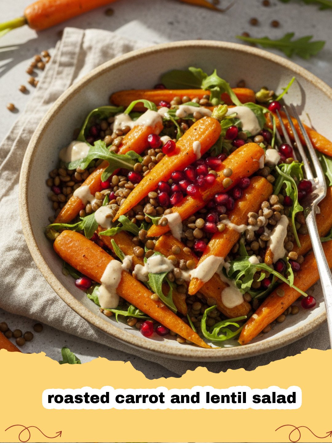 A close-up shot of a roasted carrot and lentil salad with fresh parsley and pumpkin seeds in a ceramic bowl.