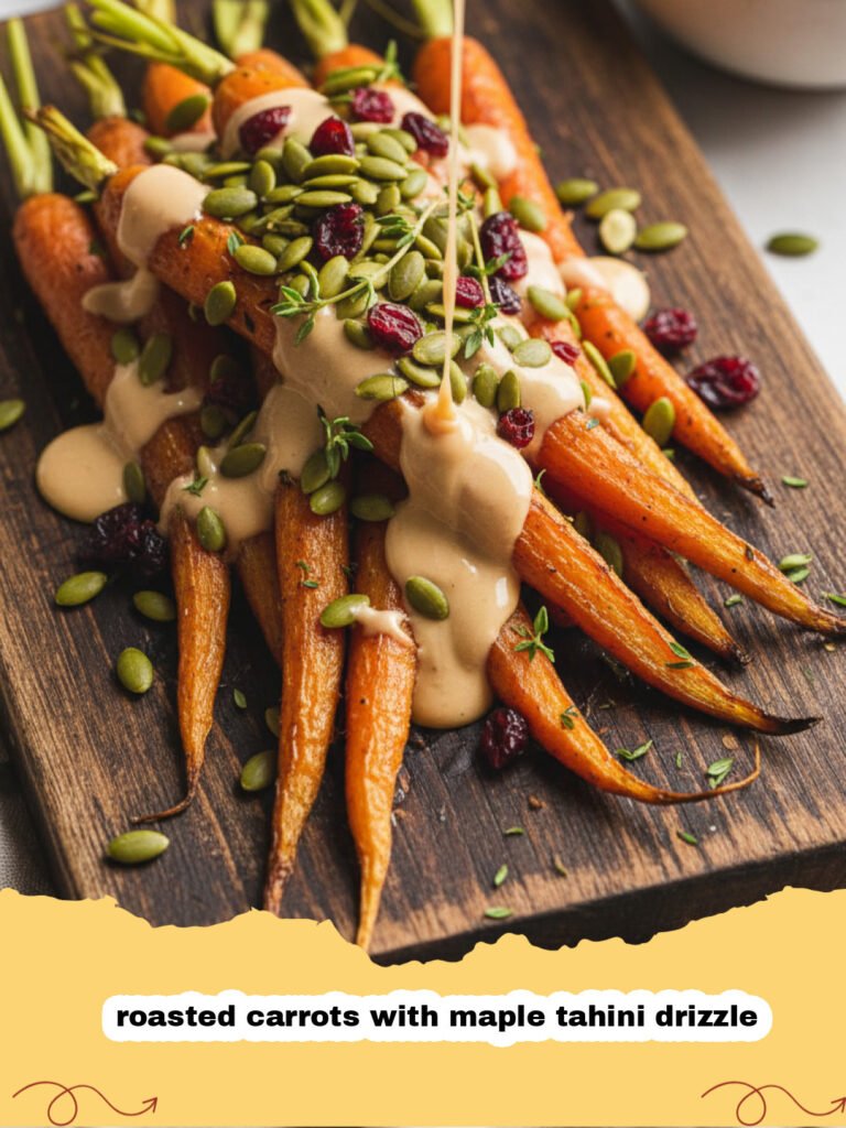 A platter of roasted carrots with maple tahini drizzle and fresh parsley garnish