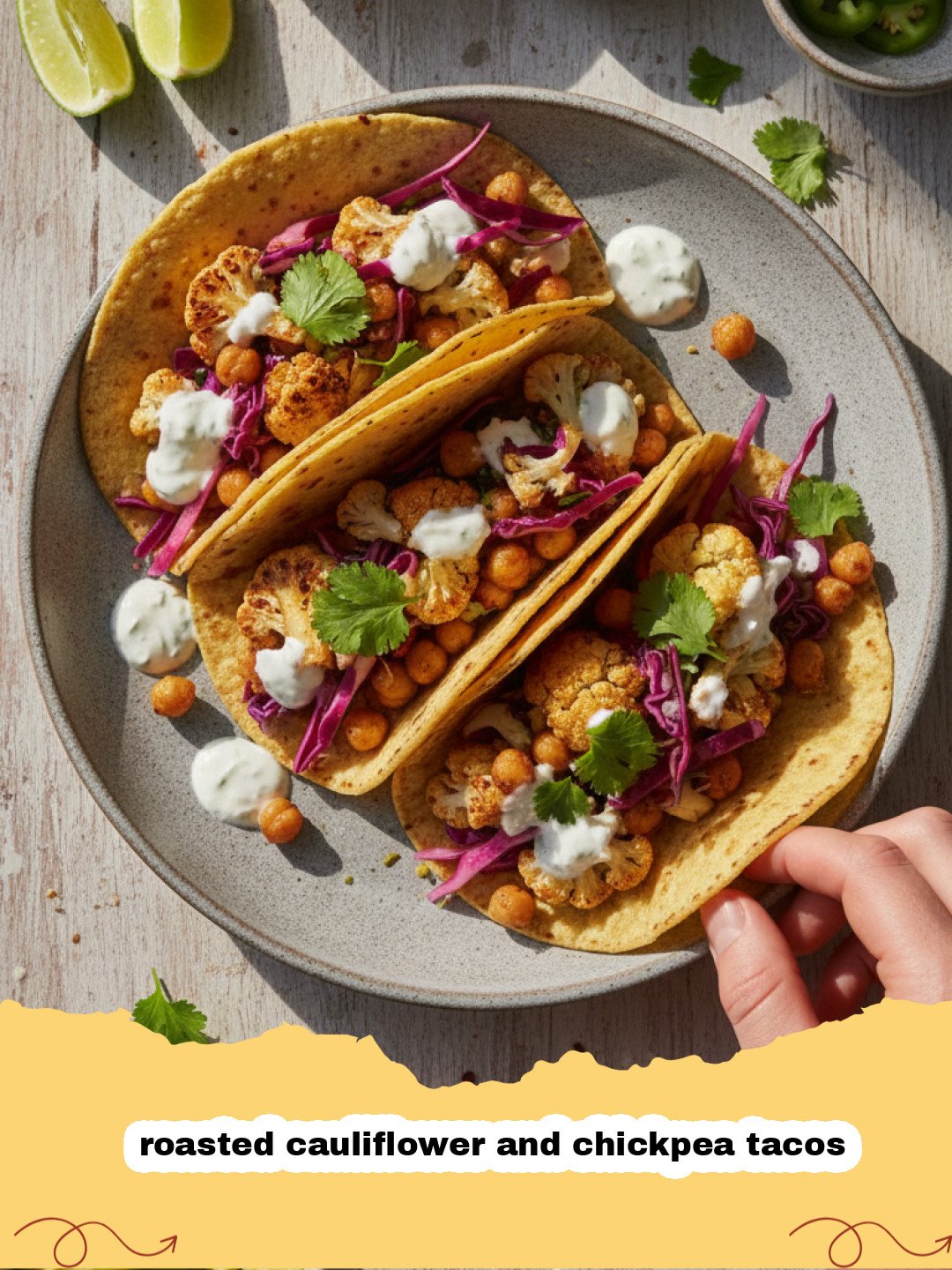 A plate of three roasted cauliflower and chickpea tacos topped with purple cabbage and lime crema.