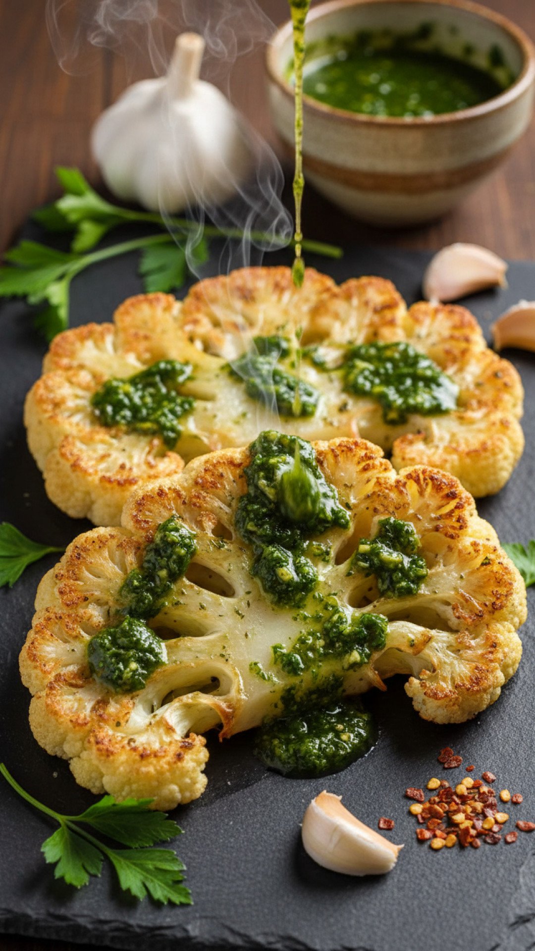 Roasted Cauliflower Steaks with Garlic Herb Sauc Preparation