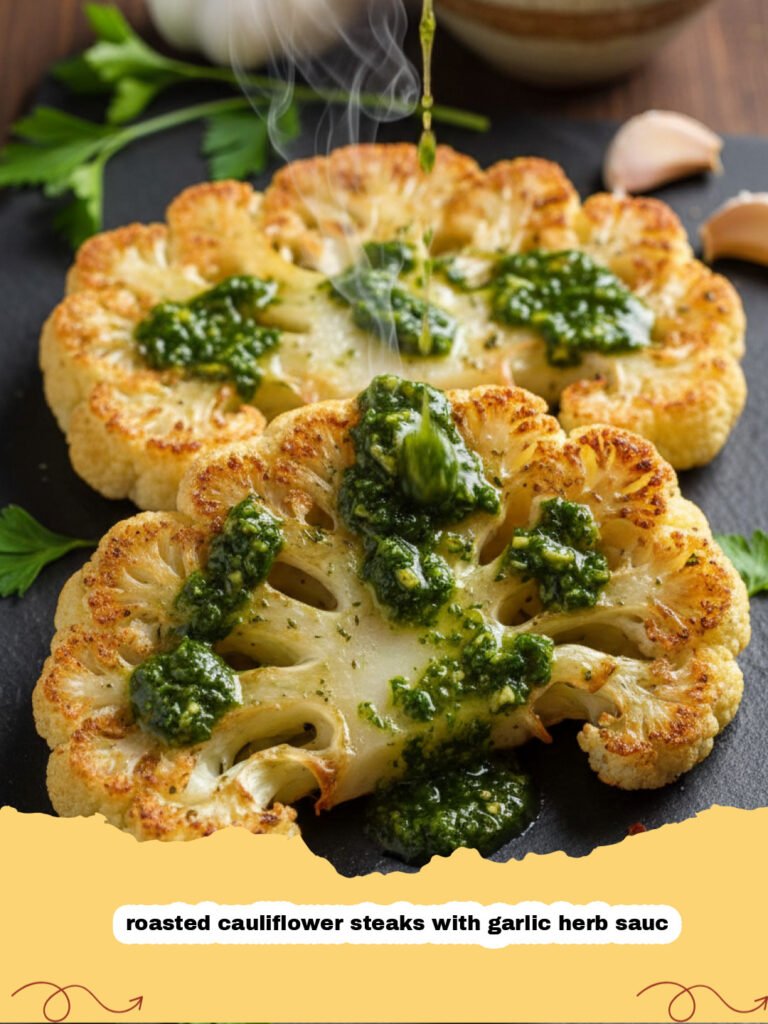 roasted cauliflower steaks with garlic herb sauc - Roasted cauliflower steaks topped with green garlic herb sauce on a white plate.