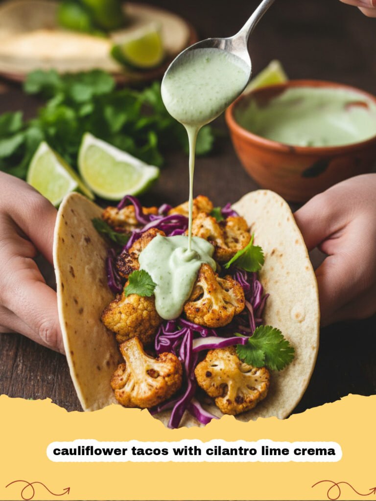 Platter of roasted cauliflower tacos with cilantro lime crema and lime wedges