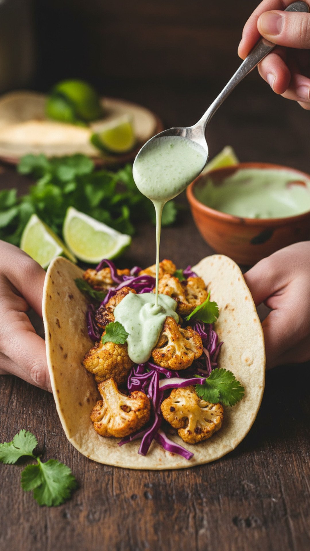 Roasted Cauliflower Tacos with Cilantro Lime Crema Preparation