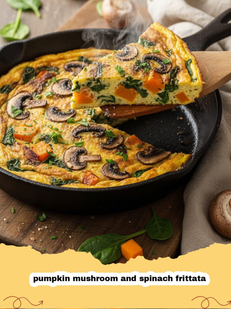 A close up of a golden-brown pumpkin mushroom and spinach frittata in a cast iron skillet