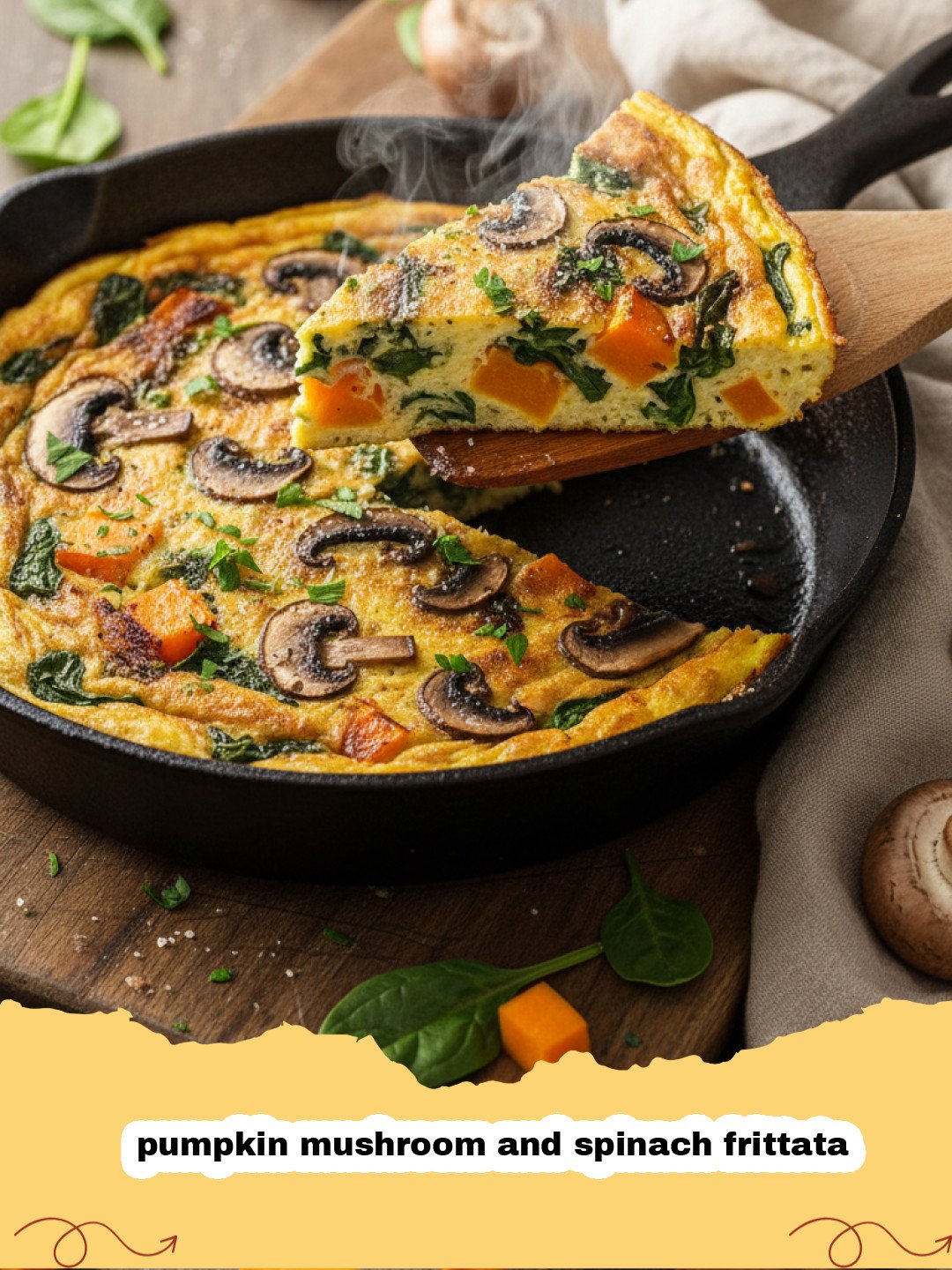 A close up of a golden-brown pumpkin mushroom and spinach frittata in a cast iron skillet